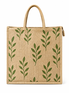 Sac fourre-tout surdimensionné en jute naturel avec imprimé feuilles, écologique, réutilisable pour les courses et polyvalent, fermeture ouverte - Product Image 5