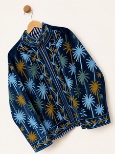 Chaqueta de terciopelo azul marino con bordado de palmeras para ocasiones especiales, abrigo de invierno con motivos botánicos, ropa exterior floral estilo bohemio. - Product Image 5