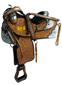 Selle de cheval artisanale en cuir véritable durable, style Western, pour spectacle, avec détails argentés, pour l'équitation sur sentier, portable, avec accessoires assortis - Product Image 1