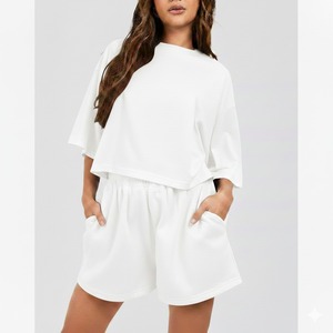 Trendy Women's Casual Cotton Regular Fit Embroidered Short <b>Set</b> Solid Color Top Shorts Customizable Summer Clothing for Wholesale - Product Image 5