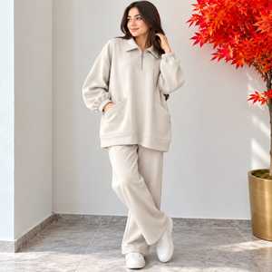 Ensemble survêtement décontracté pour femme, écologique, respirant, couleur unie, sweat-shirt oversize à demi-zip et pantalon large, coupe ample - Product Image 1