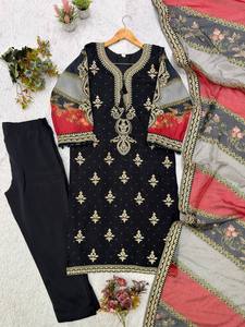 Conjunto de Salwar Kameez Étnico para Mujer, Kurta Bordada, Traje Palazzo, Chal Estampado de Secado Rápido, Ropa Formal para Fiestas, India, Pakistán - Product Image 3