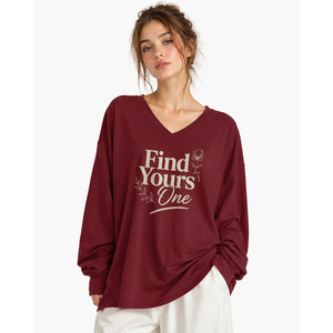 T-shirt surdimensionné à col en V et manches longues pour femme, grande taille, 100 % coton tricoté, avec logo frontal et épaules tombantes - Product Image 1