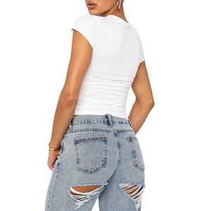 Women's <b>White</b> Slim Fit <b>Cropped</b> T-Shirt Short Sleeve O-Neck Cotton Casual <b>Top</b> Spring Summer Wear Crewneck T-Shirts - Product Image 5