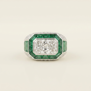 Radiant Cut Moissanite <b>Cocktail</b> <b>Ring</b> Emerald Accents Silver Prong Setting Luxury Unisex Geometric Engagement <b>Ring</b> <b>Gold</b> Plated - Product Image 1