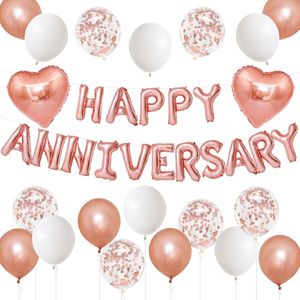Decorazioni per Anniversario, Palloncini Romantici per Matrimonio, Palloncini in Foil Oro Rosa 'Happy Anniversary', Striscione, Palloncini in Lattice con Coriandoli - Product Image 1