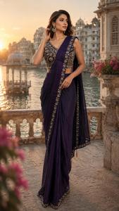 Sari Tradicional Azul de Seda para Mujer con Bordado Dorado, Largo hasta el Suelo, Estilo Indio-Pakistaní, Corte Regular, Elástico, para Bodas - Product Image 2