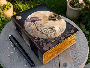 Buffalo Leather Celestial Moon <b>Journal</b> Flower Vintage Grimoire Notebook Sewing Bound Handmade Deckle Paper <b>Diary</b> Multi Color - Product Image 2