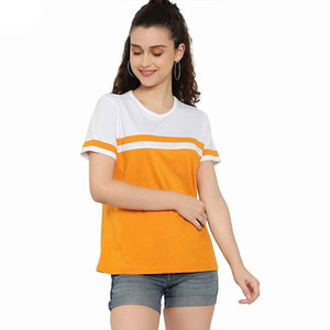 T-shirt décontracté pour femme à col rond et empiècements de couleur, 100 % coton, coupe classique, élégant, printemps-été - Product Image 2