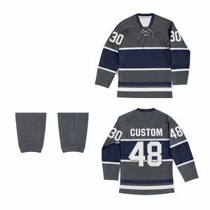 Custom Sublimated navy blue striped Ice Hockey Jersey Wholesale Professional Team Uniform Breathable grey <b>athletic</b> sports jersey - Product Image 1