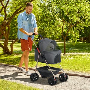 Carrito Plegable 3 en 1 para Perros Pequeños, Color Gris, con Transportín Desmontable, Cesta de Almacenamiento y Portavasos - Product Image 1