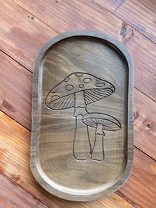 Bandeja Ovalada de Madera de Nogal Grabada con Diseño de Hongo, Rústica, Portátil, de un Solo Compartimento, Organizador de Escritorio, Decoración Natural, para Servir Alimentos - Product Image 1