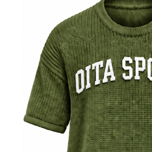 T-shirt en tricot vert olive pour homme, manches courtes, col rond, texture décontractée, haut personnalisé imprimé, streetwear, mode estivale, vente en gros - Product Image 5