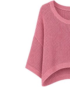 Suéter corto de punto oversize rosa para mujer, holgado, con diseño calado, estilo casual, manga ancha, top de moda. - Product Image 2