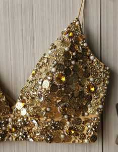 <b>Women's</b> COUTURE Gold <b>Sequined</b> Beaded Bohemian Floral Print Polyester Short Cami <b>Top</b> Front Logo Sexy Sparkly Bralette Clubwear - Product Image 2