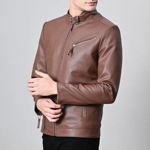 Streetwear Unisex <b>Brown</b> Genuine <b>Leather</b> <b>Jacket</b> Stand Collar Zipper Closure Slim Fit Regular Length Trending Style <b>Jacket</b> - Product Image 3