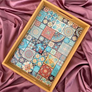 Rustic Wood Serving Tray with Pattern Inlay Durable Breakfast Tea Tray <b>Decorative</b> Tableware for Hotel Restaurant Home Use Trays - Product Image 4