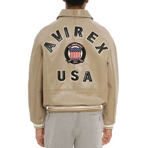 Chaqueta Bomber Impermeable de Cuero Genuino Beige para Hombre Avirex, con Parche Bordado de EE. UU., Cuello Alto y Cierre de Cremallera, Estilo Casual para Invierno - Product Image 4