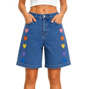 Shorts de Mezclilla para Mujer con Bordado de Corazón Arcoíris Azul, Cintura Alta, Corte Holgado Informal, Dobladillo Enrollado, Algodón, Moda Verano - Product Image 1