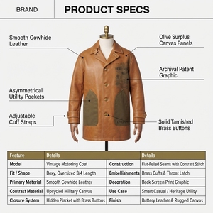 Manteau de voiture vintage surdimensionné pour homme en cuir de vachette, longueur 3/4, avec panneaux en toile recyclée, veste en cuir personnalisée OEM, vêtement d'extérieur - Product Image 5
