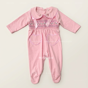 Combinaison à manches longues en coton rose brodée à la main pour bébés filles, combinaison une pièce pour nouveau-nés automne/hiver - Product Image 1