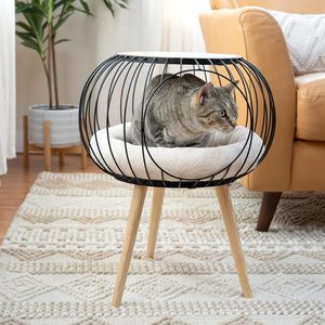 Cama Moderna para Gatos Kitty con Mesa Lateral de Madera, Mueble Elevado para Gatos de Interior con Cojín Sherpa Extraíble, Elegante Cama para Gatos - Product Image 1