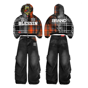 Conjunto de Pantalones y Sudadera con Capucha Reversible a Cuadros, Unisex, Estilo Urbano, Cierre Completo con Cremallera, Corte Regular, Invierno, 100% Algodón, Forro Polar, Cuello Alto, Cierre con Cordón - Product Image 1