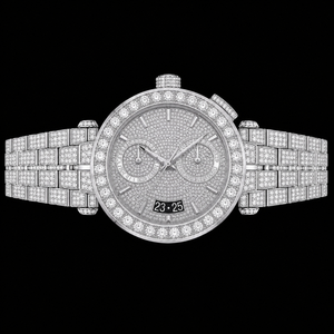 Montre chronographe en argent sertie de pierres, avec double affichage de la date, bracelet de luxe pour homme, montre-bracelet tendance - Product Image 1