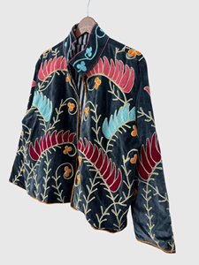 Veste en velours à col mandarin brodée à la main avec des motifs floraux, manches longues, blazer pour femme adulte, style élégant pour l'automne - Product Image 2