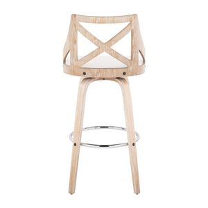 Sgabello da bar Charlotte da 30 pollici a altezza fissa con seduta girevole in tessuto color crema e poggiapiedi in metallo cromato, stile rustico in legno bianco anticato - Product Image 5