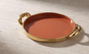 Plateau de service rond en émail, orange brûlé avec finition dorée, en métal, pour table basse, hôtel, restaurant, usage alimentaire, vente en gros - Product Image 3