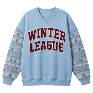 Christmas Mood Lettering Stylish V-Neck Design Relaxed Oversized Silhouette Cozy Long Sleeve Top Perfect for Winter - Product Image 2