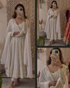 Export Quality Anarkali Gown <b>3</b> <b>piece</b> <b>Suit</b> Set Faux Blooming with Lakhnavi Embroidered Sequence Work Wedding Gown - Product Image 6