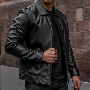 Custom OEM Men's <b>Real</b> Leather Jacket Wholesale Genuine <b>Sheepskin</b> Zipper Bomber Jacket Casual Turn Down Collar Moto <b>Coat</b> - Product Image 6
