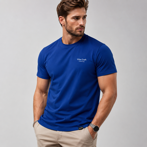 T-shirt en coton bleu slim fit pour homme Vibe Craft, col rond, manches courtes, jersey décontracté, respirant, logo imprimé sur le devant, prix avantageux - Product Image 4