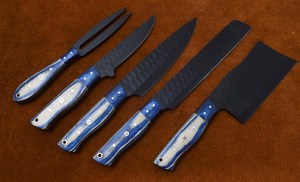 OEM Custom Handmade Stainless Steel 5 Pieces Black Powder Coted Chef <b>Knife</b> <b>Set</b> With Wooden Handle & With Leather Sheath - Product Image 5