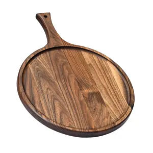 可持续胡桃木圆形餐盘，带手柄木质熟食板和砧板多功能木板