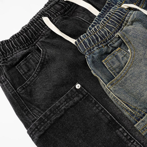 Men's Wide Leg Denim <b>Jeans</b> Washed Distressed Drawstring <b>Elastic</b> <b>Waist</b> Baggy Barrel Pants Casual Streetwear - Product Image 4