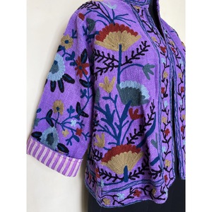 SHYAM EXPORT Abrigo Corto de Mujer con Cuello Mandarín de Terciopelo Floral Morado Bordado a Mano, Manga Larga, 100% Algodón, Ropa de Primavera - Product Image 4