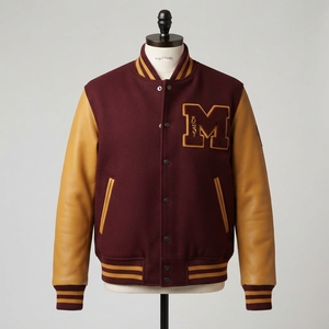 <b>Mens</b> Burgundy <b>Bomber</b> Jacket Eagle Embroidery Gold <b>Leather</b> Sleeves Custom Streetwear Fashion Outerwear Winter Jacket - Product Image 2