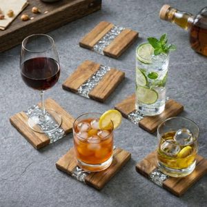 Ensemble de sous-verres carrés en bois écologiques de qualité supérieure pour table à manger, diamètre 300 mm, design champêtre, résine avec feuille d'argent, pour thé et café - Product Image 4