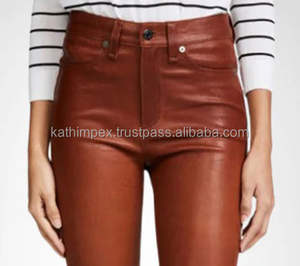 Pantalon slim plat respirant en similicuir marron à la mode taille haute coupe ajustée conception extensible longueur cheville Moto Biker pour les femmes - Product Image 5