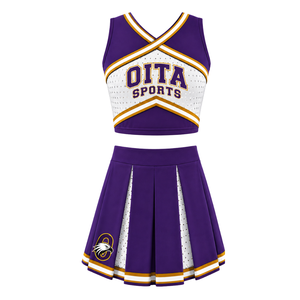 Ensemble d'uniforme de cheerleading violet, blanc et or, avec crop top et jupe plissée, sans manches, col en V, pour performance et entraînement d'équipe athlétique - Product Image 1