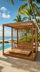 Pérgola de Madera Moderna y Lujosa para Exteriores con Tumbona Ajustable Integrada, Gazebo de Madera de Teca para Piscina, Ideal para Resorts y Villas - Product Image 2