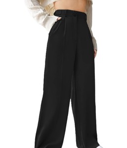 Pantalones de mujer de cintura alta, pierna ancha, color liso, de satén plisado, ajuste holgado, largos, informales, para otoño, con cierre de botones - Product Image 4