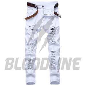 Jean en denim de coton blanc coupe slim droite pour homme Bloodline, style décontracté mi-saison - Product Image 3
