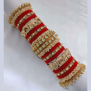 Gold Plated Pota Stone and Pearl Meenakari Velvet Bangles Set Fine Jewelry Collection for Women Wedding Festive Wear - Product Image 2