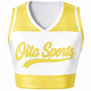 Maillot de cheerleading sans manches sublimé blanc et jaune, tenue de sport athlétique pour l'entraînement, la performance et la compétition - Product Image 1