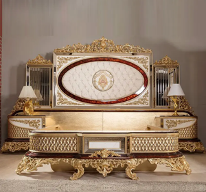 ชุดห้องนอนขนาดคิงไซส์ ไม้มะฮอกกานีแท้ สีทองหรูหรา สไตล์ยุโรป แกะสลักอย่างประณีต ผลิตในอินโดนีเซีย ยี่ห้อ Kiky จัดส่งฟรี - Product Image 1