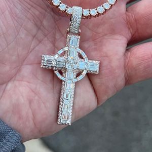 Luxury Rose Gold Cross Pendant Necklace Moissanite Baguette Cut Channel Setting Religious Christian Unisex <b>Rope</b> <b>Chain</b> - Product Image 3